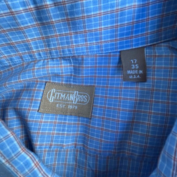 Gitman Bros Mens 17 35 Blue Plaid Long Sleeve Button-Up Dress Shirt 100% Cotton - Picture 3 of 7